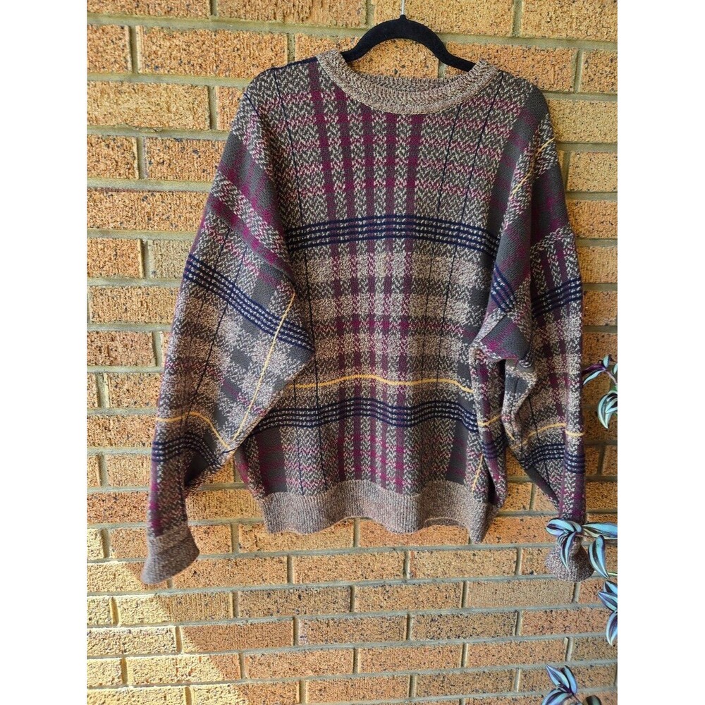 Woods & Gray Vintage Plaid Knit Sweater Crewneck Cotton Brown Maroon XL